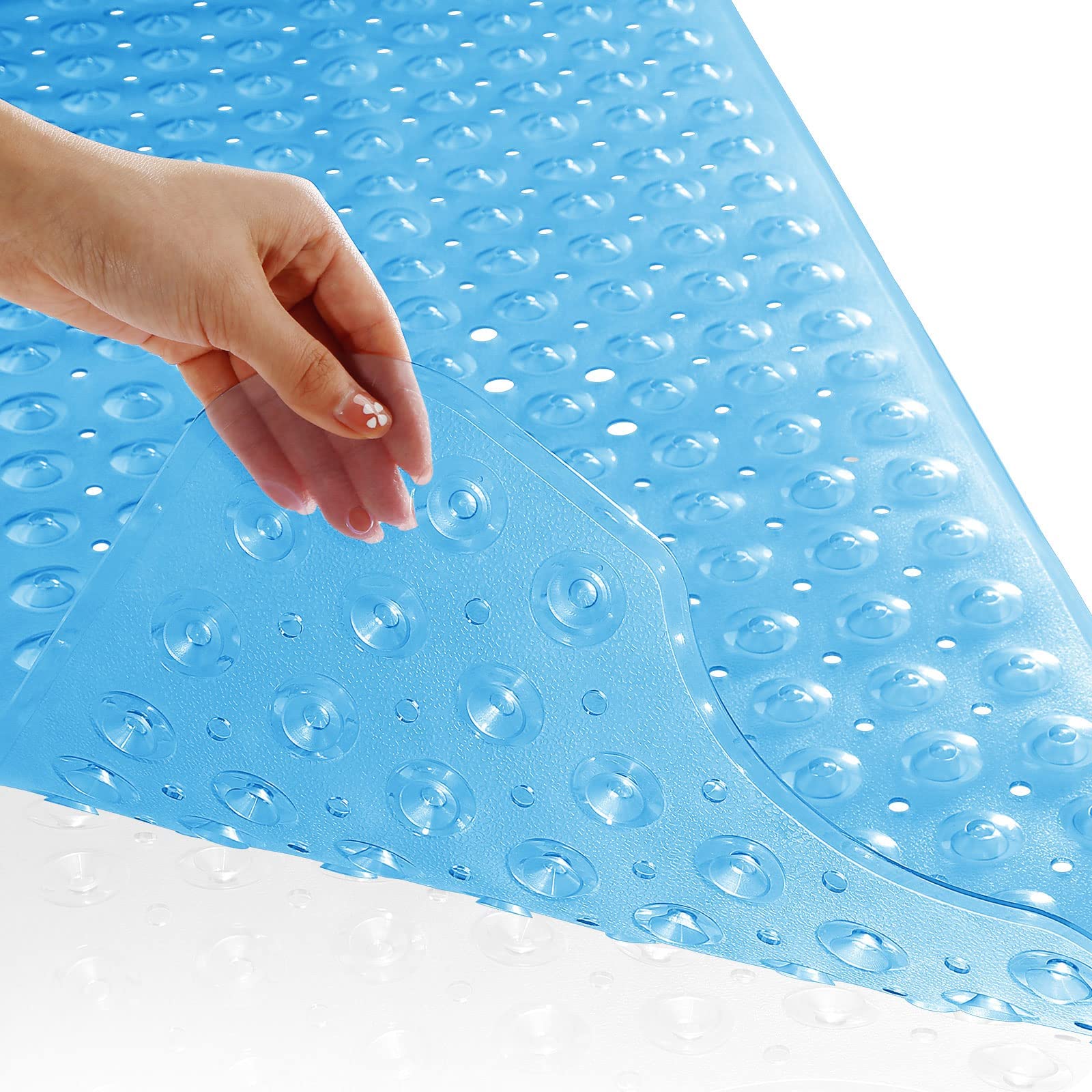 Yimobra Bath Mat 100 x 40 cm, Extra Long Non-Slip Shower Mats with Drain Holes and Suction Cups, Machine Washable, Bathtub Mats Ideal for Elderly & Children, Soft on Feet, Clear Blue