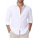 EOUOSS Linen Shirts for Men Casual Button Down Long Sleeve Shirt Solid Summer Beach Hawaiian Shirts