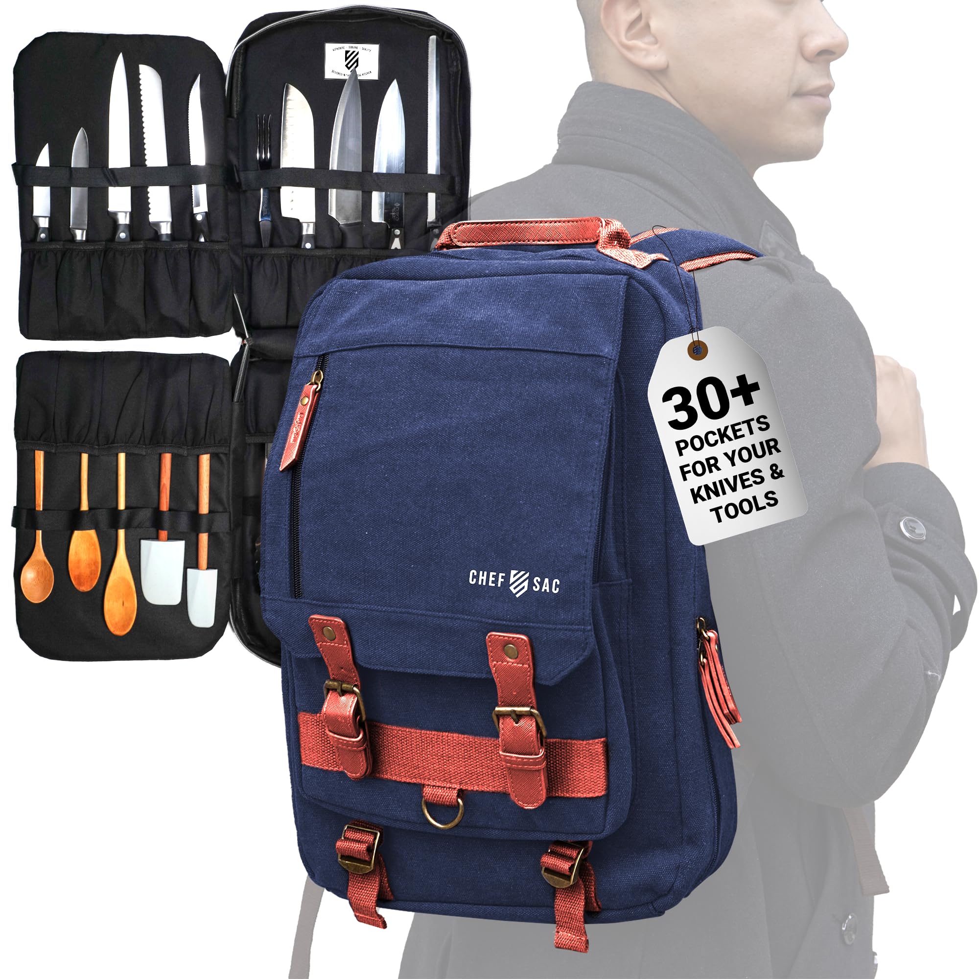 Photo 1 of Chef Sac Chef Knife Bag Retro Backpack | 20+ Slots for Knives and Chef Tools | Knife Carrying Case w/Back Pocket for Tablet | Sturdy Knife Bags For Chefs & Culinary Work | Premium Canvas (Blue)
