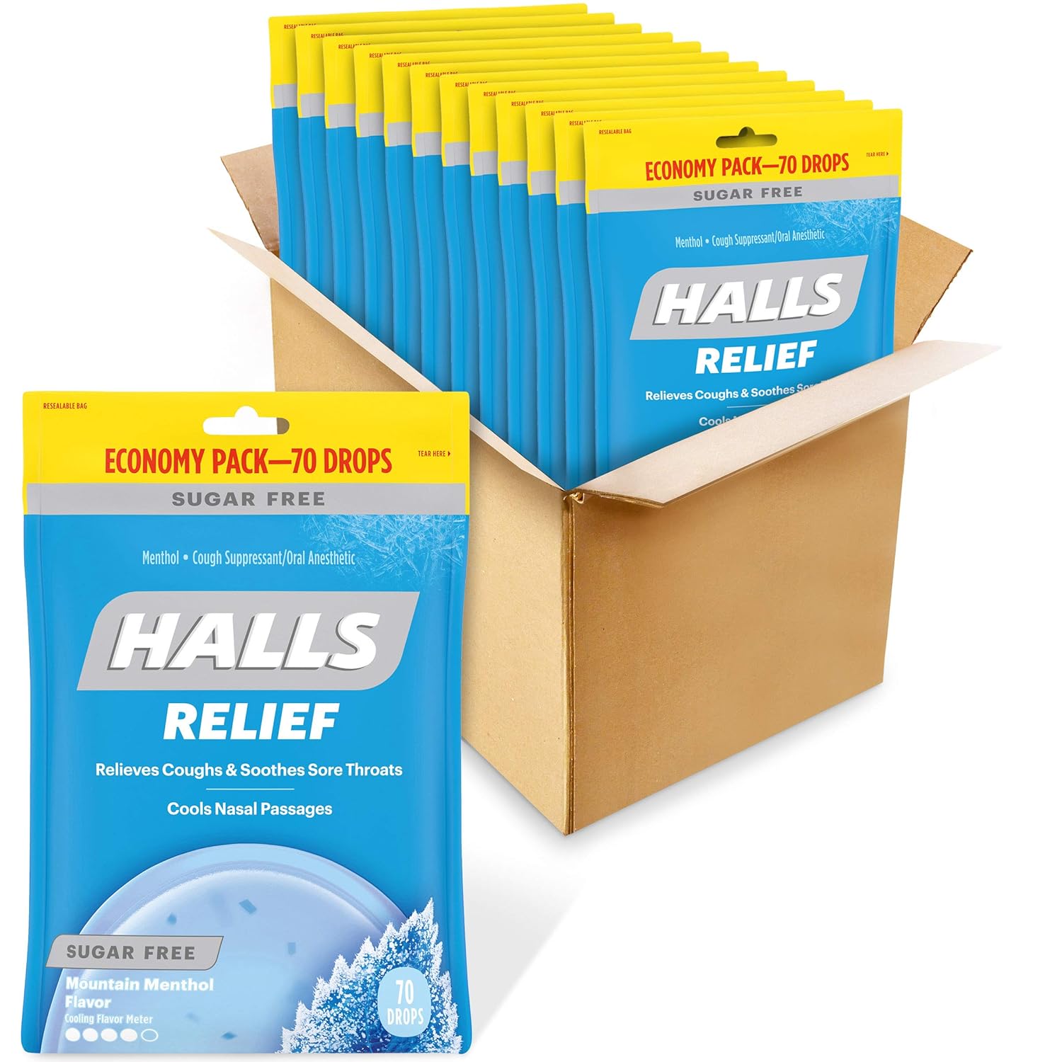 HALLS Relief Mountain Menthol Sugar Free Cough Drops, Economy Pack, 12 Bags of 70 Drops (840 Total Drops)