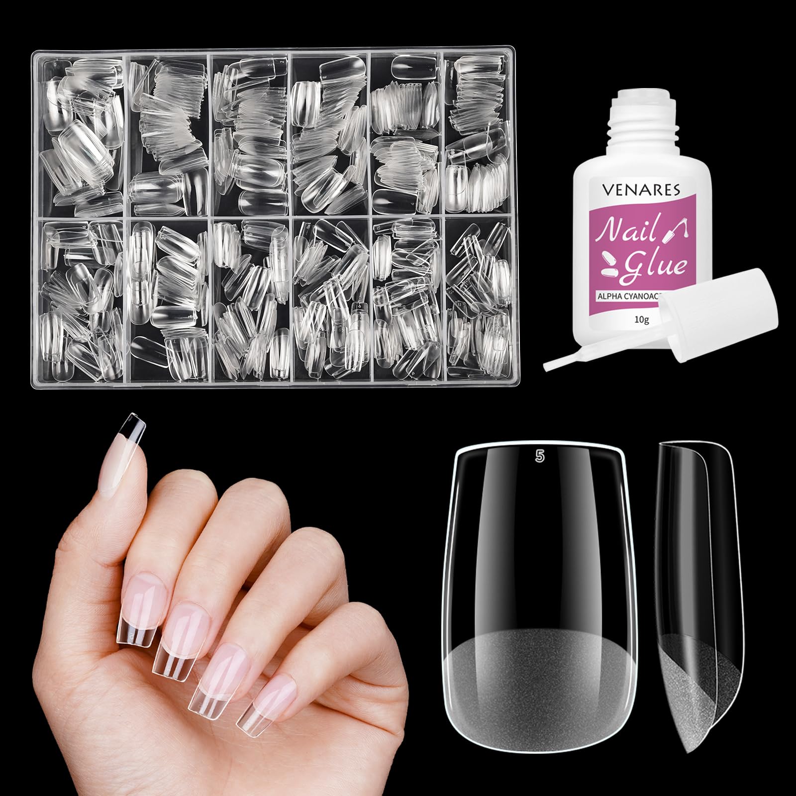 Square Short Nail Tips, Venares 500 Pcs Half Matte Soft Gel Tips for Acylic Extensions, Pre-buff Clear False Nails, 12 Size Full Cover Nail Tips for Gel Extensions