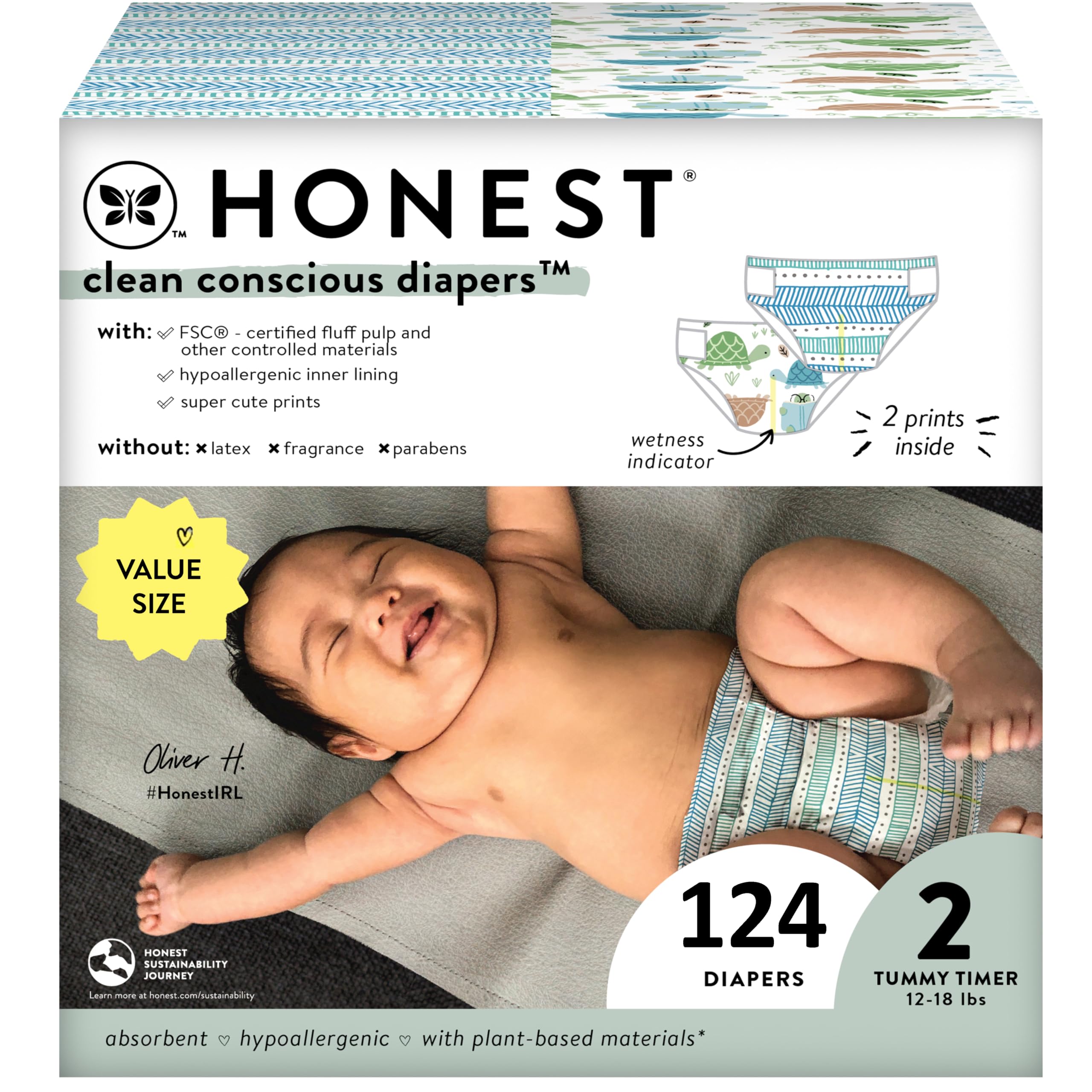Photo 1 of The Honest Company Clean Conscious Diapers for Sensitive Skin | Hypoallergenic, Fragrance Free | Gender Neutral Printss | Super Club Box, Size 2 (12-18 lbs), 124 Count