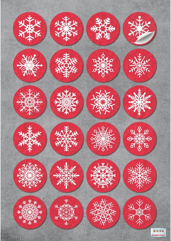 24 Small Round Red White Snowflakes Christmas Stickers 4 cm - Image 3