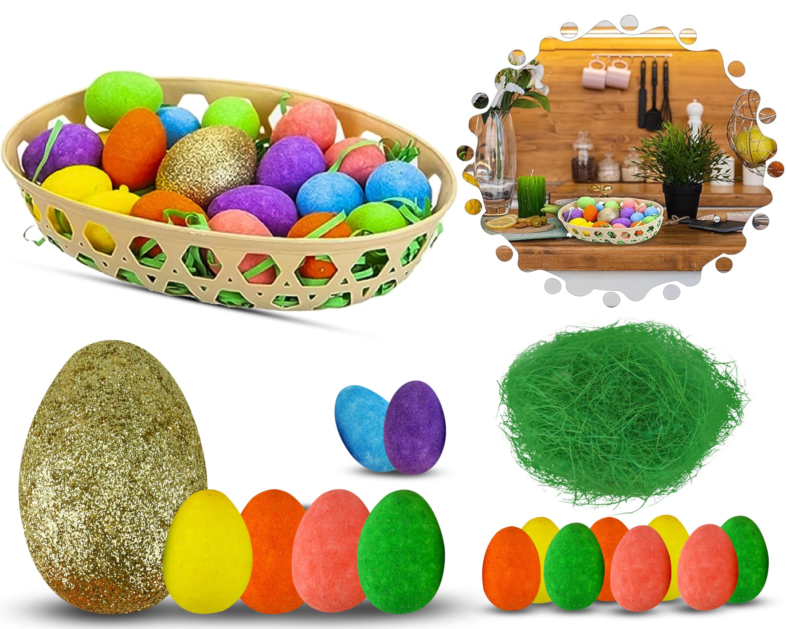 36PCs Easter Glitter Eggs Decoration - Glitter Foam Eggs in Hamper Basket, Multicolour Eggs Ornaments for Table Decoration, Craft Eggs Spring Easter Bonnet Trilby Decor