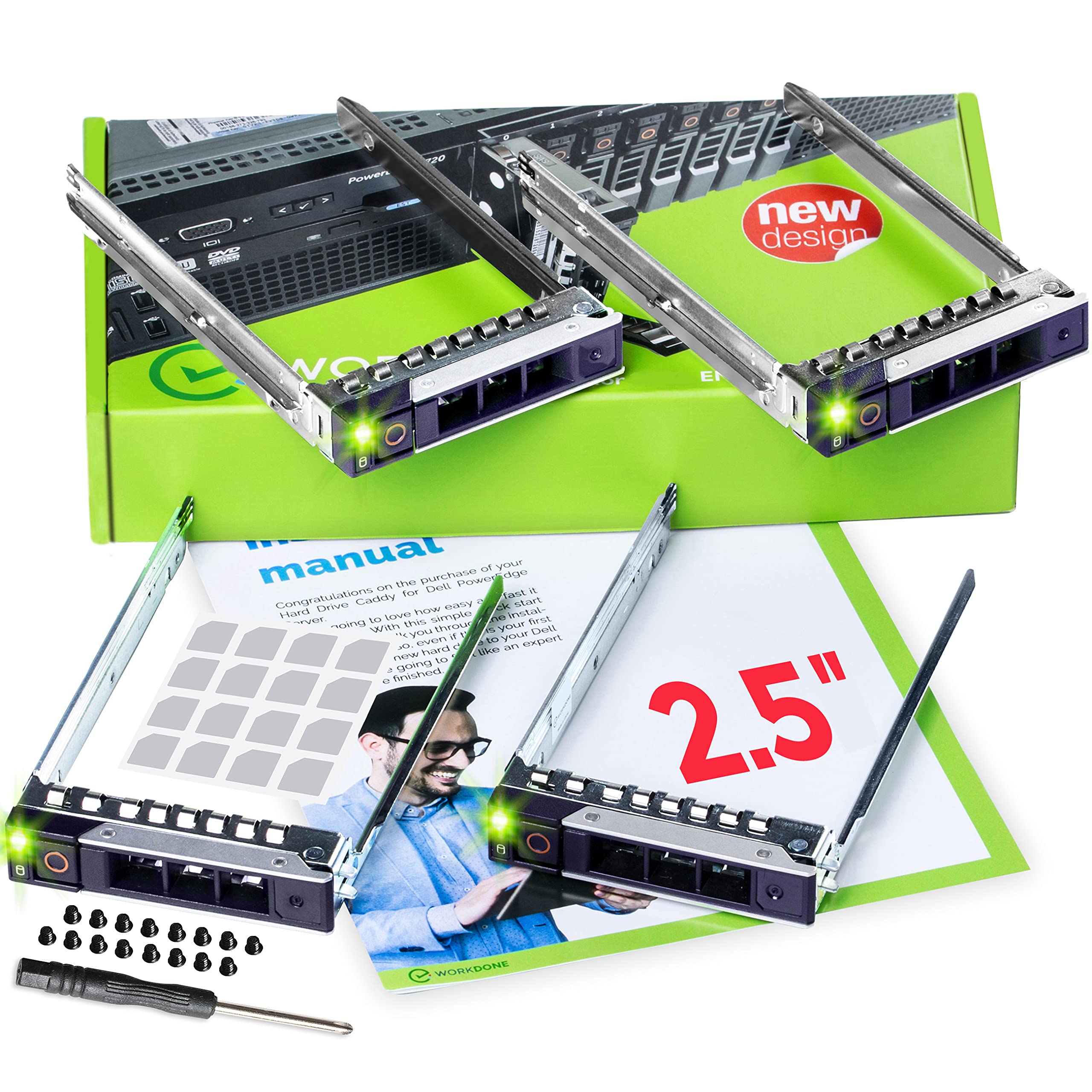 WorkDone 4-Pack - 2.5" Hard Drive Caddy - Compatible for Dell PowerEdge Servers - 14th Gen R440 R640 R740 R740xd R840 R940 R6415 and More - SSD SAS SATA NVMe Tray - Setup with Manual