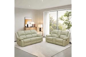 ChicFurnit Leather Recliner Sofa, Power Reclining Sectional Couch Set, Breathing Reclining Loveseat with Adjustable Headrest, Cup Holders for Living Room, Beige