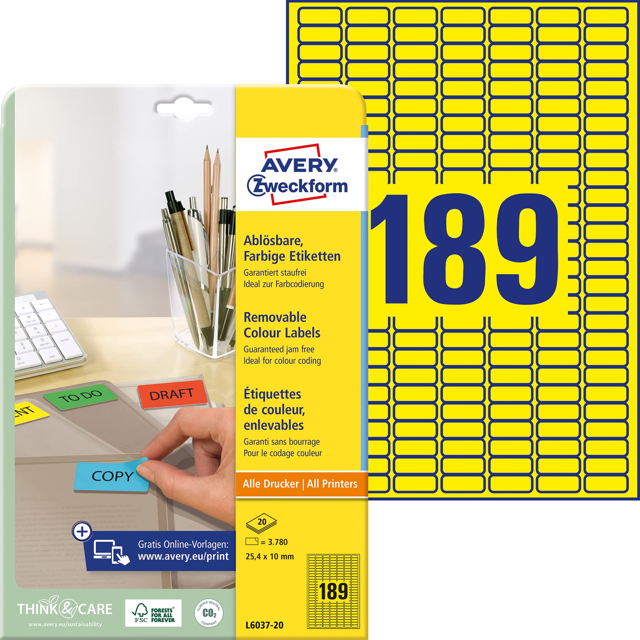 Avery Zweckform L6037-20 Coloured Mini Labels 25.4 x 10 mm for Colour Coding Pack of 20 Sheets