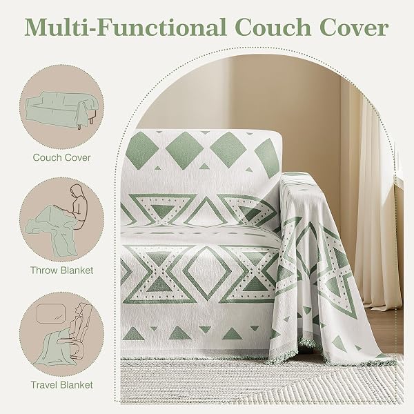 MAYMISS BOHO COUCH COVER FOR DOGS WASHABLE CHENILLE SOFA COVERS REVERSIBLE SOFA SLIPCOVER PET FRIENDLY FOR SECTIONAL SOFA, 2 OR 3 CUSHION COUCH (BOHO3 SAGE GREEN, 91″ X 118″)