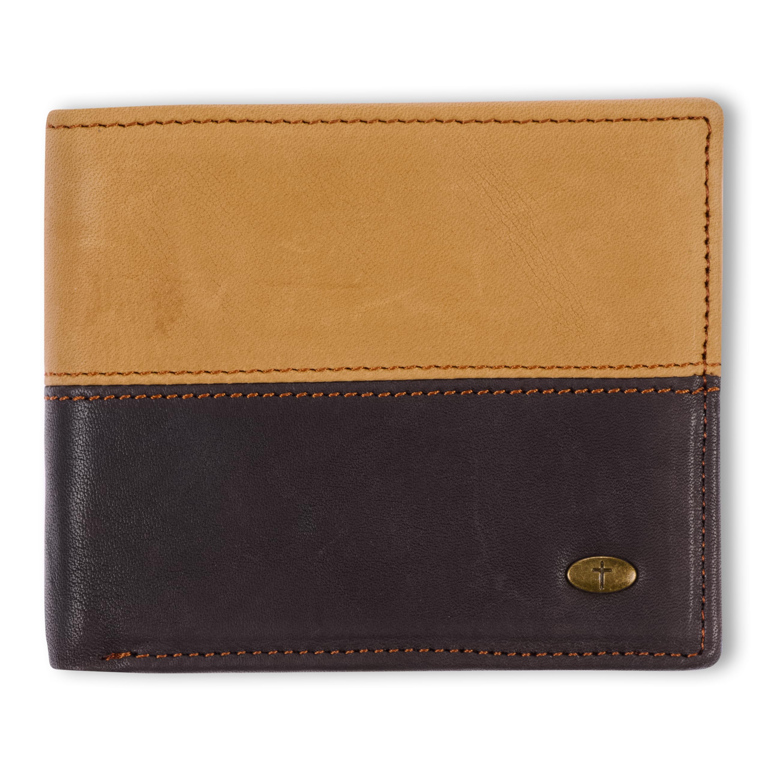 Christian Art Gifts Cartera plegable de piel auténtica clásica de grano completo para hombre con emblema cruzado, bloqueo RFID para tarjetas, identificación, ranuras multiusos, bolsillo interior con cremallera para cambio y facturas, marrón y tostado