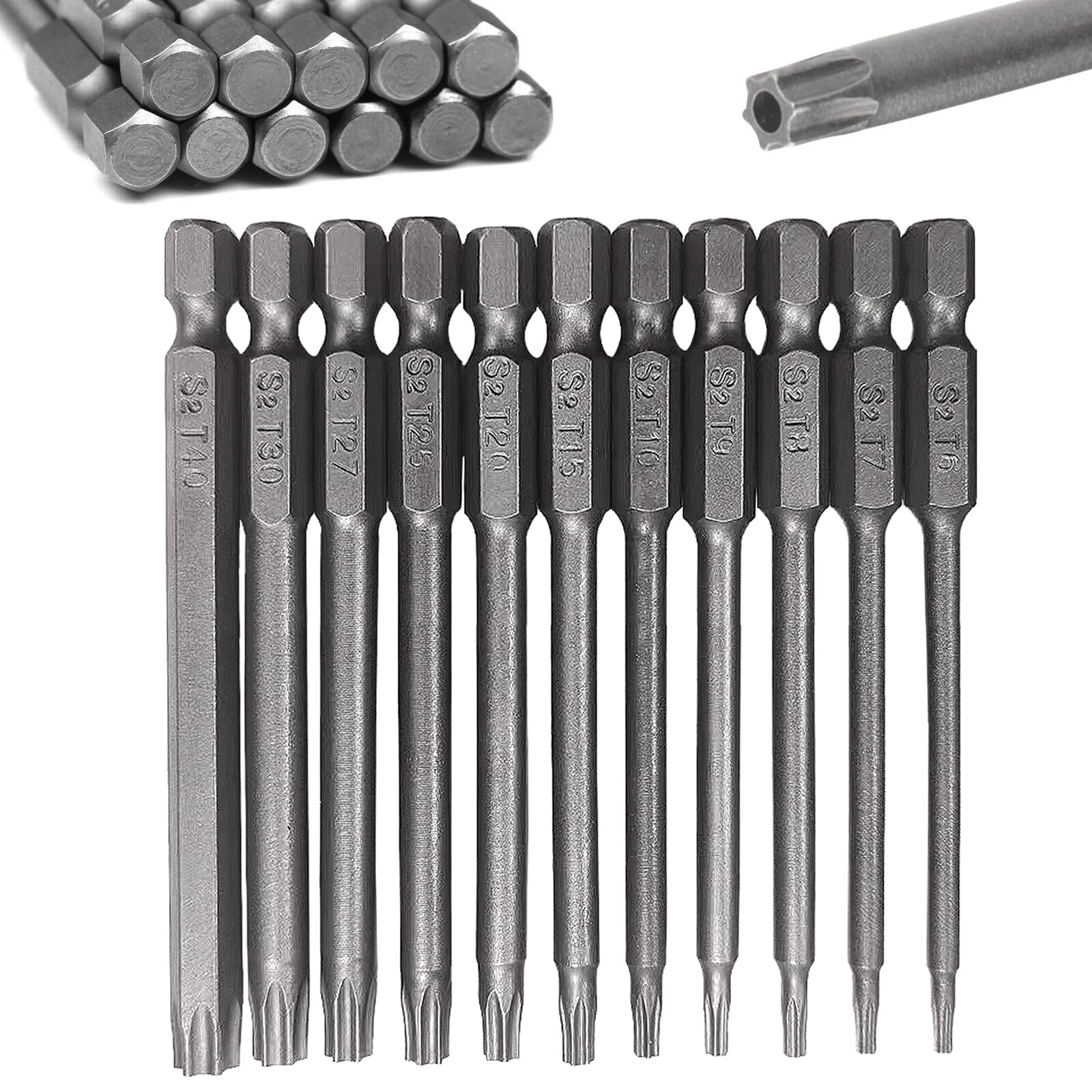 100mm Torx Screwdriver Bit Sets, 11pcs T6-T40 Security Torx Bit Set 1/4 Inch S2 Steel Star Magnetic Screwdrivers Drill Bits Tool