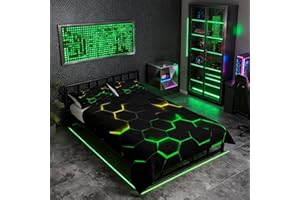 CASTLE FAIRY Honeycomb Bedding Duvet Cover Full Size Hexagon Bed Cover for Kids Teen Boys Girls Bedroom Decor Yellow Neon Lights Bed Cover Chic Creative Bedding Cover 3Pcs with 2 Pillowcase, Black