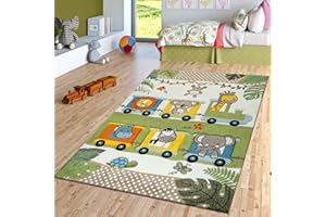 PACO HOME Nursery Rug for Kids Cute Jungle Animals Locomotive 3D Effect Green Cream, Size: 5'3" x 7'7"