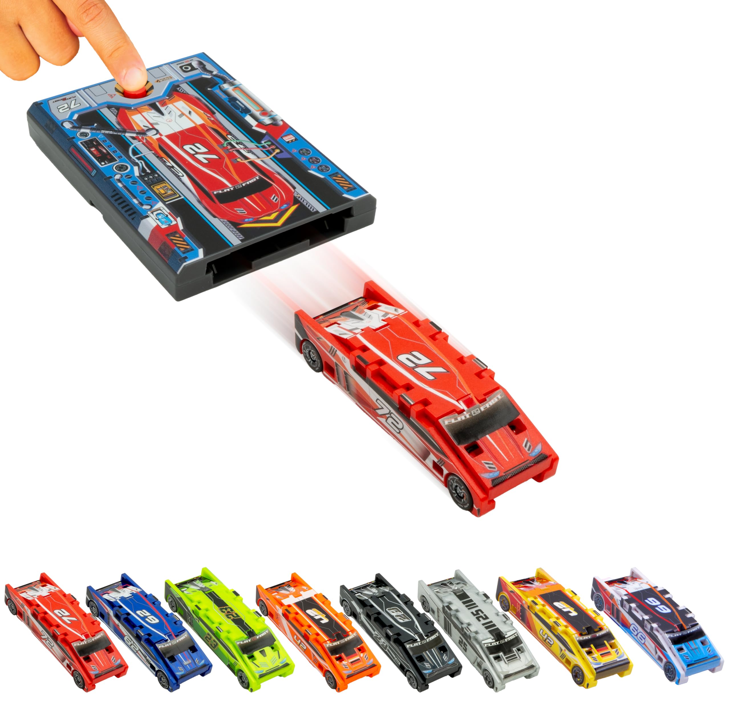 FLAT 2 FAST Original Stunt Card Racer – Flat Car Racer and Pocket Size Racecar Launcher with Built-in Button for Stunt Launching and Racing – Compact – Crimson Red