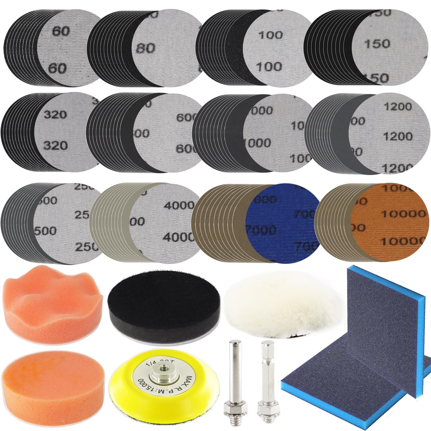 120pcs Sand Paper 3 inch Polishing Pads for Drill 60-10000 Grit Wet Dry Sandpaper with 1/4" Shank, Sanding Sponge Drill Sanding Attachment for Auto Metal Wood