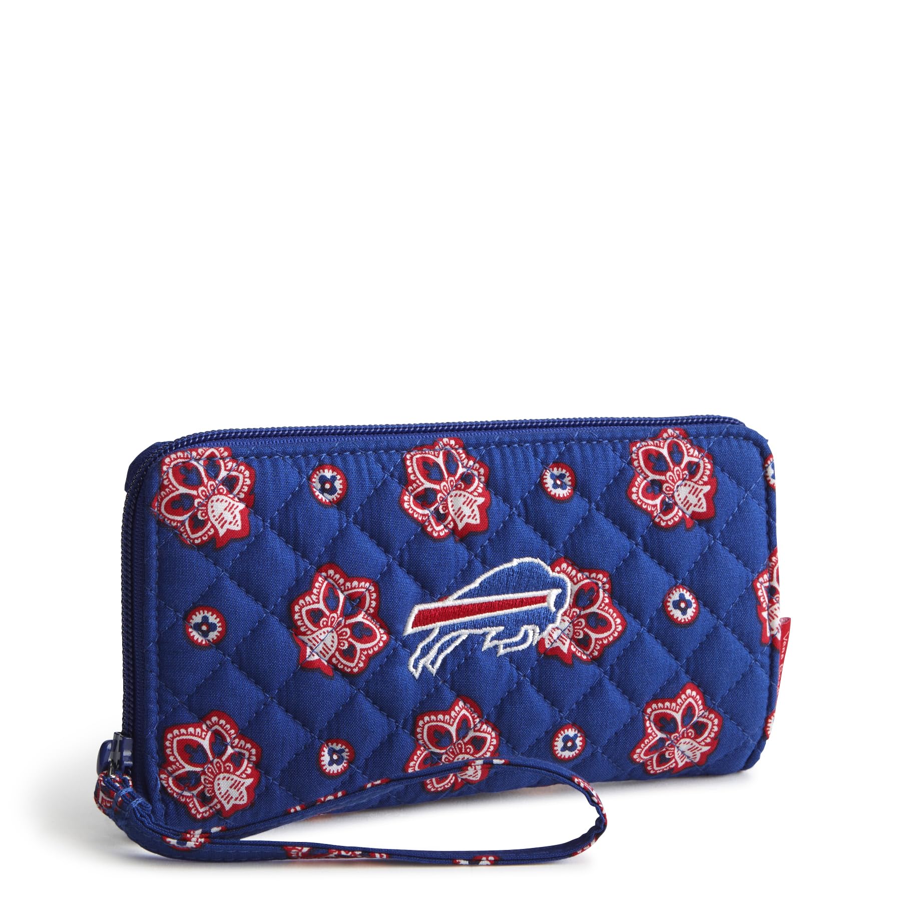 Vera Bradley Cotton Front Zip Wristlet with RFID Protection, Royal Blue/Red Bandana with Buffalo Bills Image