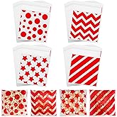 Valentines Self-Sealing Cellophane Cookie Bags, 100pcs 4x4 Inch Plastic Red Polka Dot Stripes Printed Candy Bags, Clear Valentine Goodie Bags for Kids Classroom Exchange, Party Favors & Gift Packaging
