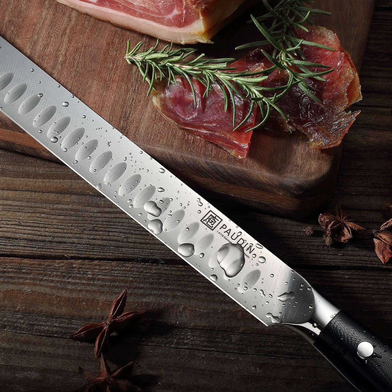 PAUDIN Carving Knife 12-Inch - Razor Sharp Granton Edge Kitchen Knife, Ham Roasts Meats Brisket Slicing Knife, German Stainless Steel Blade, Comfortable Triple Rivet Fiberglass Handle: Kitchen & Dining