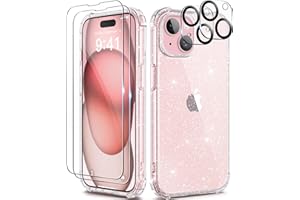 TIESZEN 5 in 1 Compatible with iPhone 15 Case Glitter, with 2X Screen Protector + 2X Camera Lens Protector, [Non-Yellowing] Clear Sparkle Slim Shockproof Phone Cover for Women 6.1 Inch, Shiny Clear