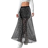 Ezcosplay Women Sheer Mesh Glitter Maxi Skirt Elastic High Waisted A Line Party Clubwear Skirts Rave Outfits