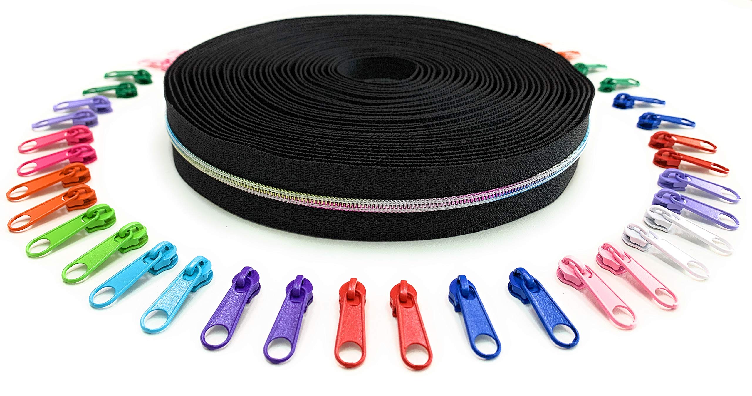 Nuburi - Zipper by The Yard - 10 Yards of Make Your Own Zipper - Size #3 - with Zipper Pulls (10 Yards, 40 Colorful Pulls, Black with Rainbow Teeth)