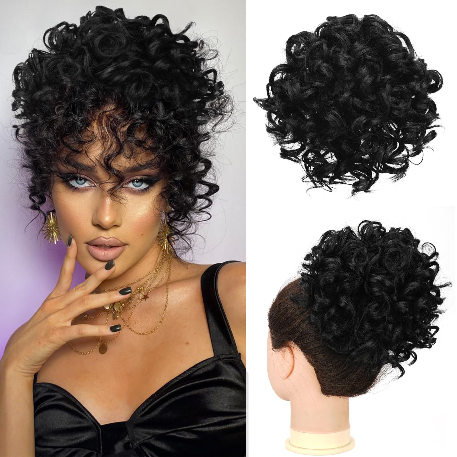 RUWISS Messy Bun Short Curly Drawstring Ponytail Extension Loose Hair Bun Hair Pieces for Women High Temperature Synthetic Hair Bun Extension 85g Black