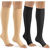 bropite Zipper Compression Socks Women & Men - 2Pairs Calf Knee High 15-20mmHg Open Toe Compression Stocking suit for Walking