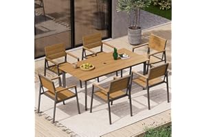 Oasbira Outdoor Dining Set for 6, Outdoor Table and Chairs Set with Umbrella Hole, Patio Dining Sets, 7 Pieces HDPS Outdoor Furniture Sets for Patio, Garden, Backyard (Gray & Teak)