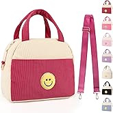 Kids Lunch Bag Lunch Box for Teen Girls Boys Back to School, Cute Preppy Lunchbox With Adjustable Shoulder Strap, Insulated Corduroy Lunch-Boxes Lunch-Bags for Women Work Picnic (Rose Red)