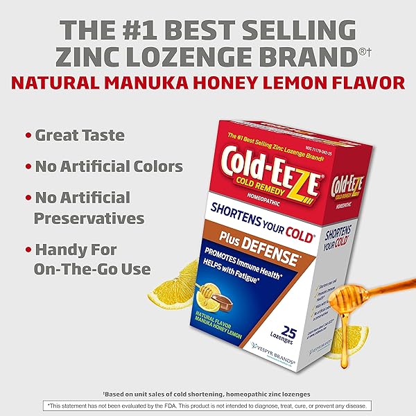 COLD-EEZE PLUS DEFENSE NATURAL MANUKA HONEY LEMON ZINC LOZENGES, HOMEOPATHIC COLD REMEDY, SHORTENS COMMON COLD SYMPTOMS, PROMOTES IMMUNE HEALTH, SAMBUCUS NIGRA, ECHINACEA AND ROSE HIPS, 25 CT.