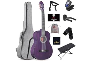 WINZZ 4/4 Classical Guitar, 39 Inch Full Size Nylon String Guitar for Beginner Adults, Full Classic Guitar Kit with Free Lessons, Gig Bag, Footstool, Capo, Tuner, Hanger and Strap (Glossy Purple)