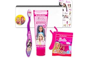 Barbie Oral Care Traveling Kit for Kids - Bundle with Toothbrush with Cover, Toothpaste, Floss Pack, Travel Bag, and More for