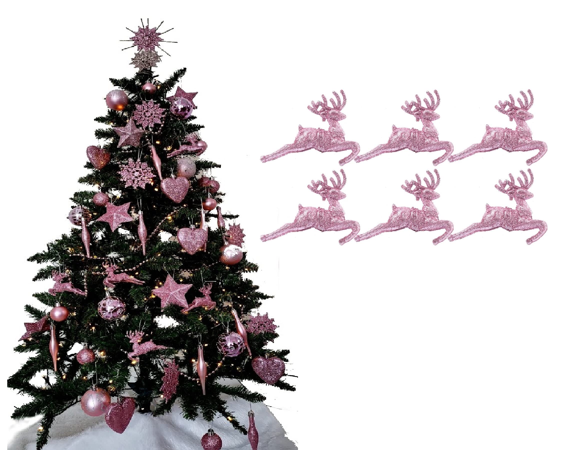 Pack of 6 - Hanging Glitter Reindeer Christmas Tree Decorations - 2.2cm x 9.5cm (Blush (Pink))