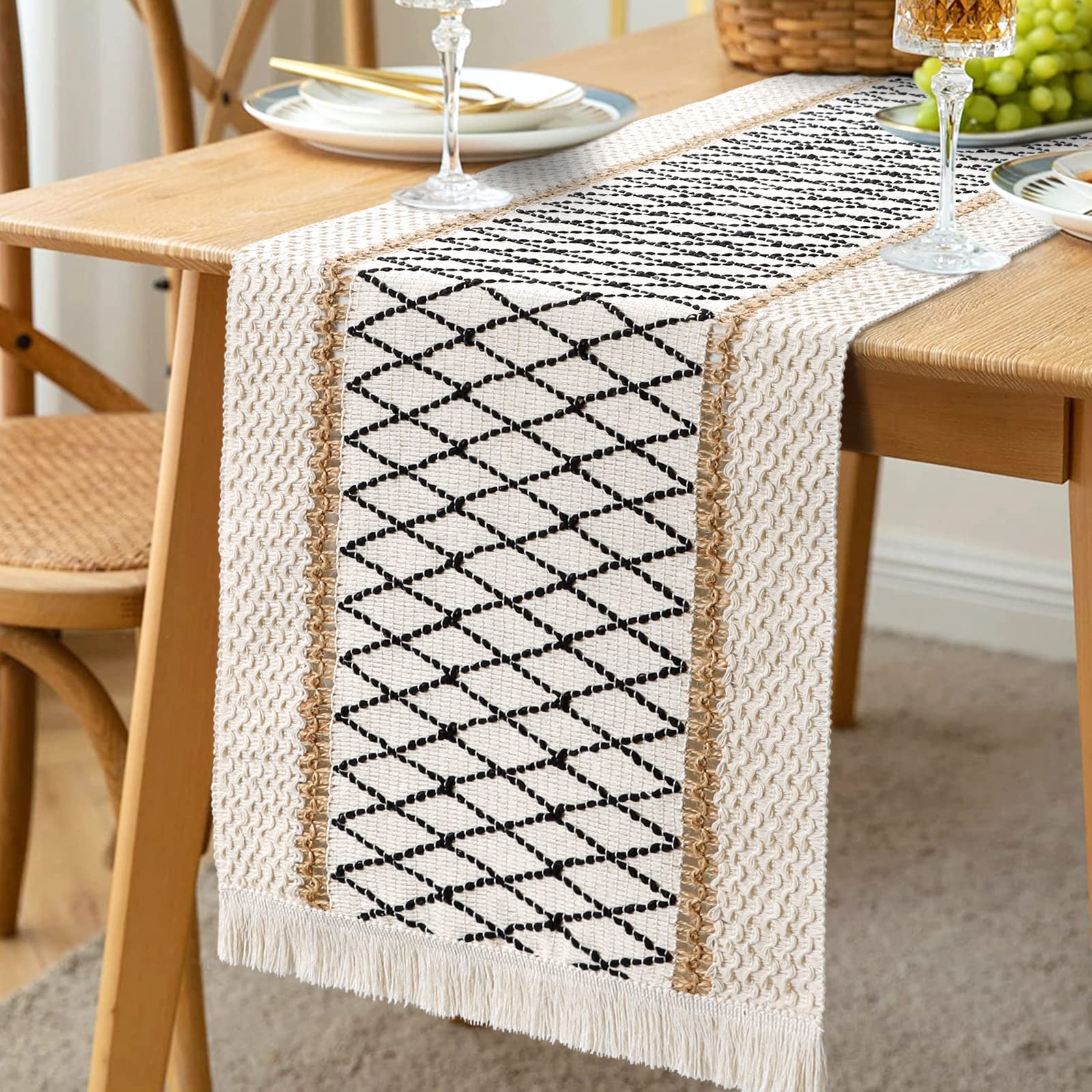 LOMOHOO Table Runners for Dining Table Cream Table Runner Macrame, Beige Table Runners Boho with Tassels, Hand Woven Cotton Sideboard Runners Extra Long, Rustic Farmhouse Table Runner for Kitchen