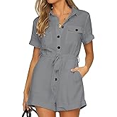 GRAPENT Women's Summer Short Sleeve Button Down Pockets Belted Jumpsuits Rompers