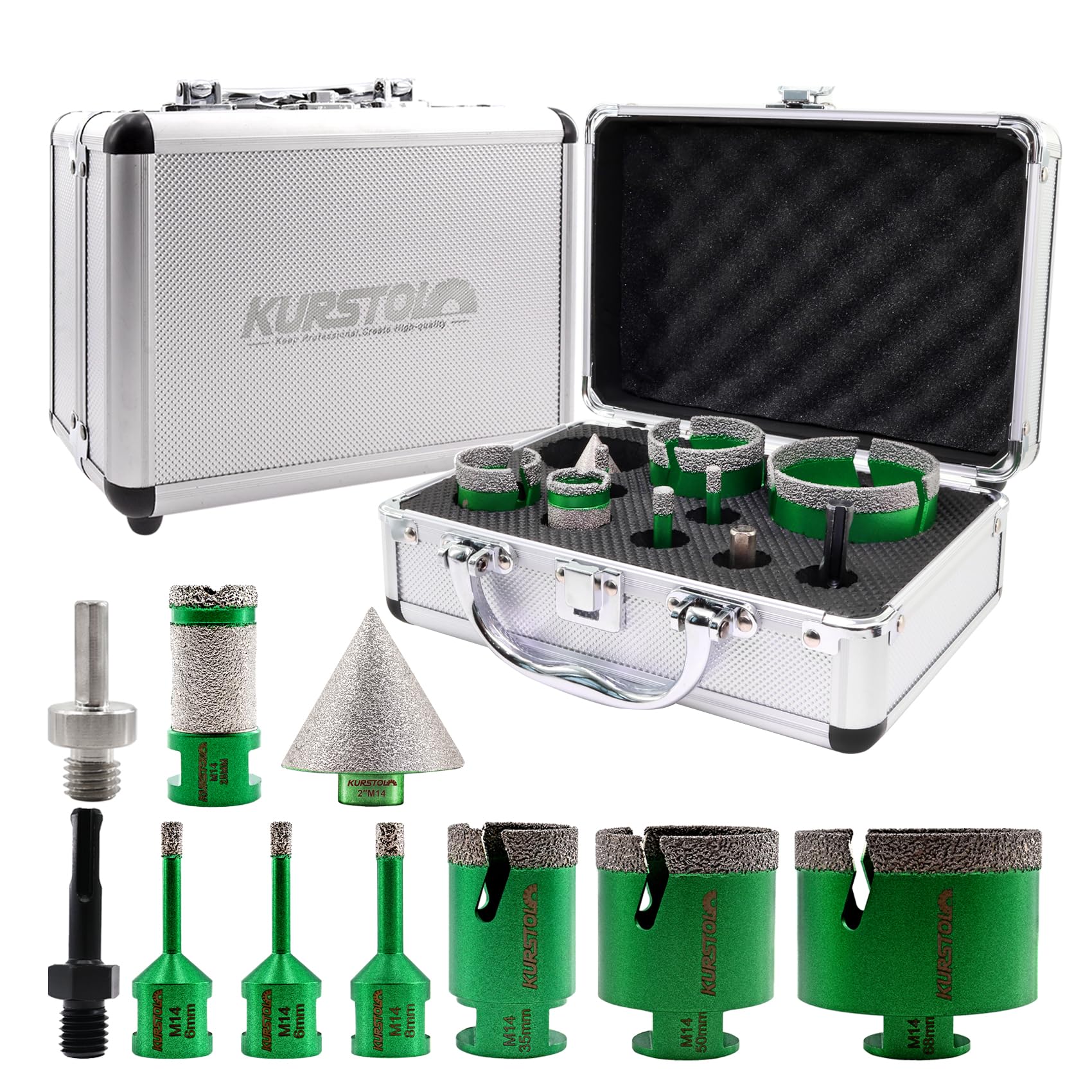 Tile Hole Saw Kit - Diamond Core Drill Bits 6/6/8/35/50/68MM+25MM Versatile Drilling Milling Bit+50MM Beveling Chamfer Bit+SDS&Triangle Adapter to M14 thread for Porcelain Ceramic Tile Granite Marble — image 1