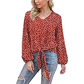 VIISHOW Womens Tie Front Knot Lartern Sleeve Loose Fit V Neck Floral Blouses Chiffon Tops Shirts