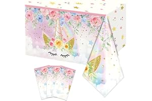 Rejoice Bunny 3PCS Unicorn Tablecloths for Kids Girls Baby Shower 1st Birthday Party Decorations Pink Wonderland Rainbown Themed Disposable Plastic Table Cover Party Supplies -54x108IN