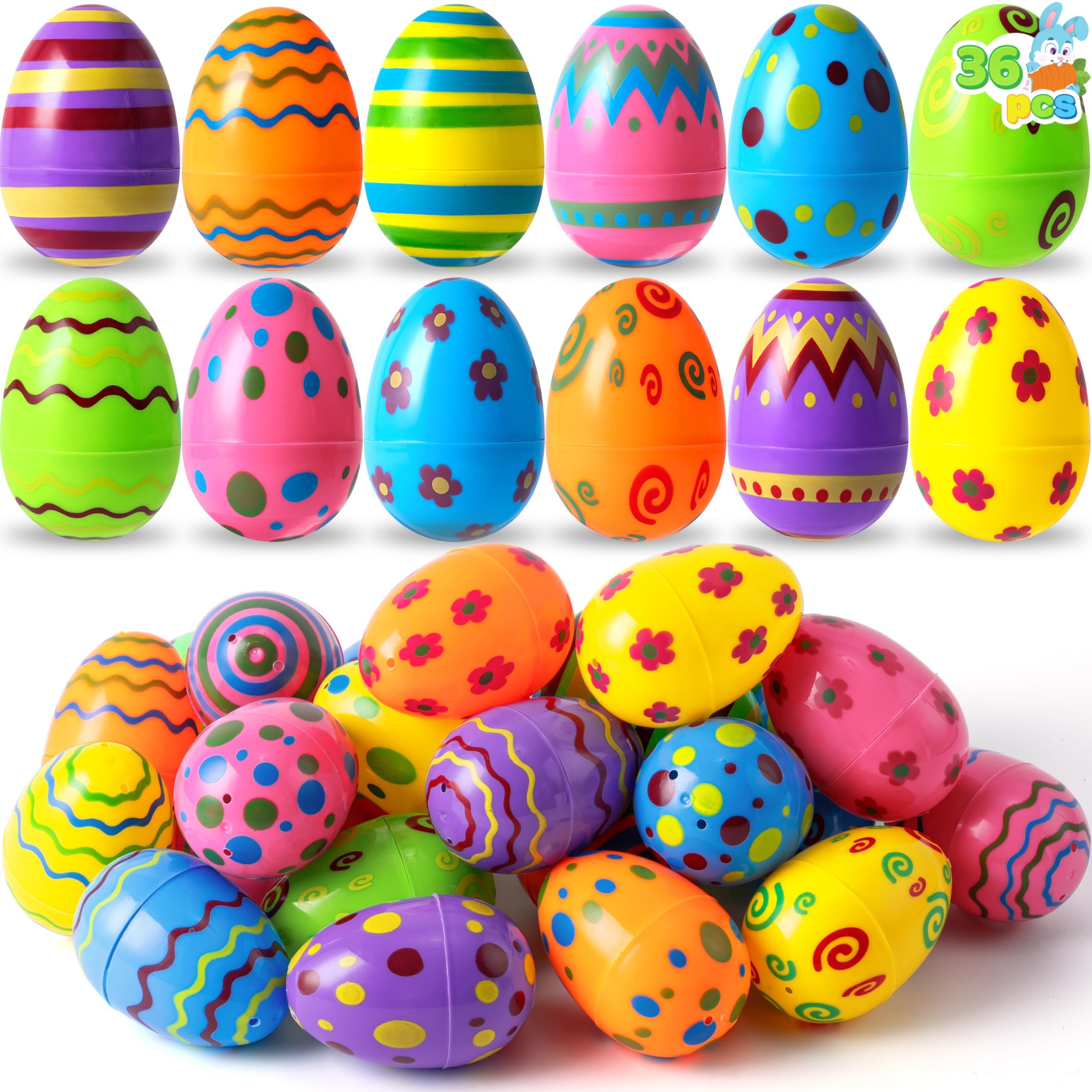 JOYIN Toy 36 Pcs Plastic Printed Bright Easter Eggs Over 3'' (7.62cm) Tall for Easter Hunt, Basket Stuffers Fillers, Classroom Prize Supplies, Filling Treats and Party Favor