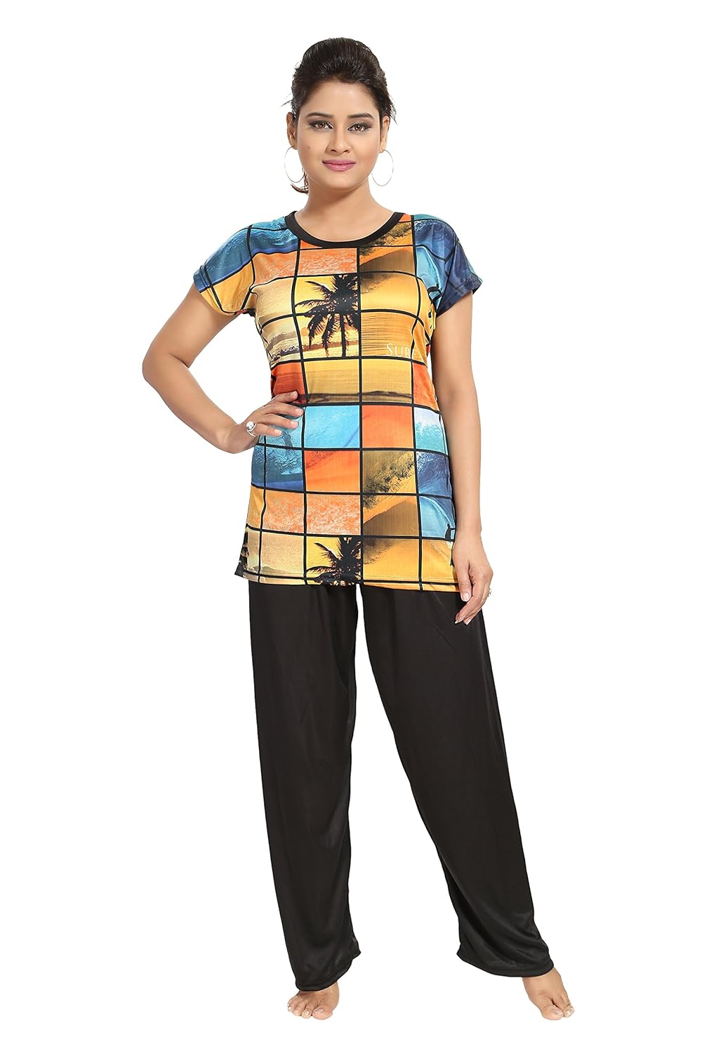 tucute girls / women digital graphic printed top & pyjama set ( black )