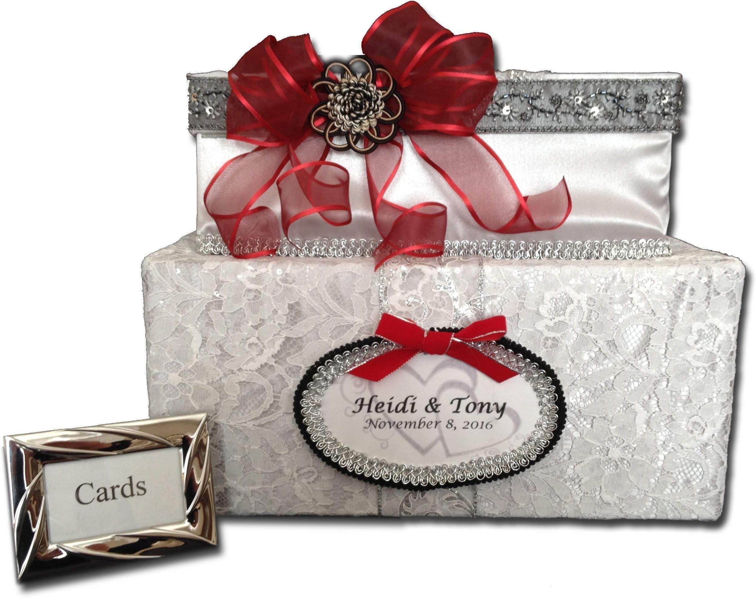 Silver Satin Wedding Card Box, Red Bow, Black lace trim, two tiers, White Lace Overlay, Holds 80 cards, handmade, All The Best Card Boxes