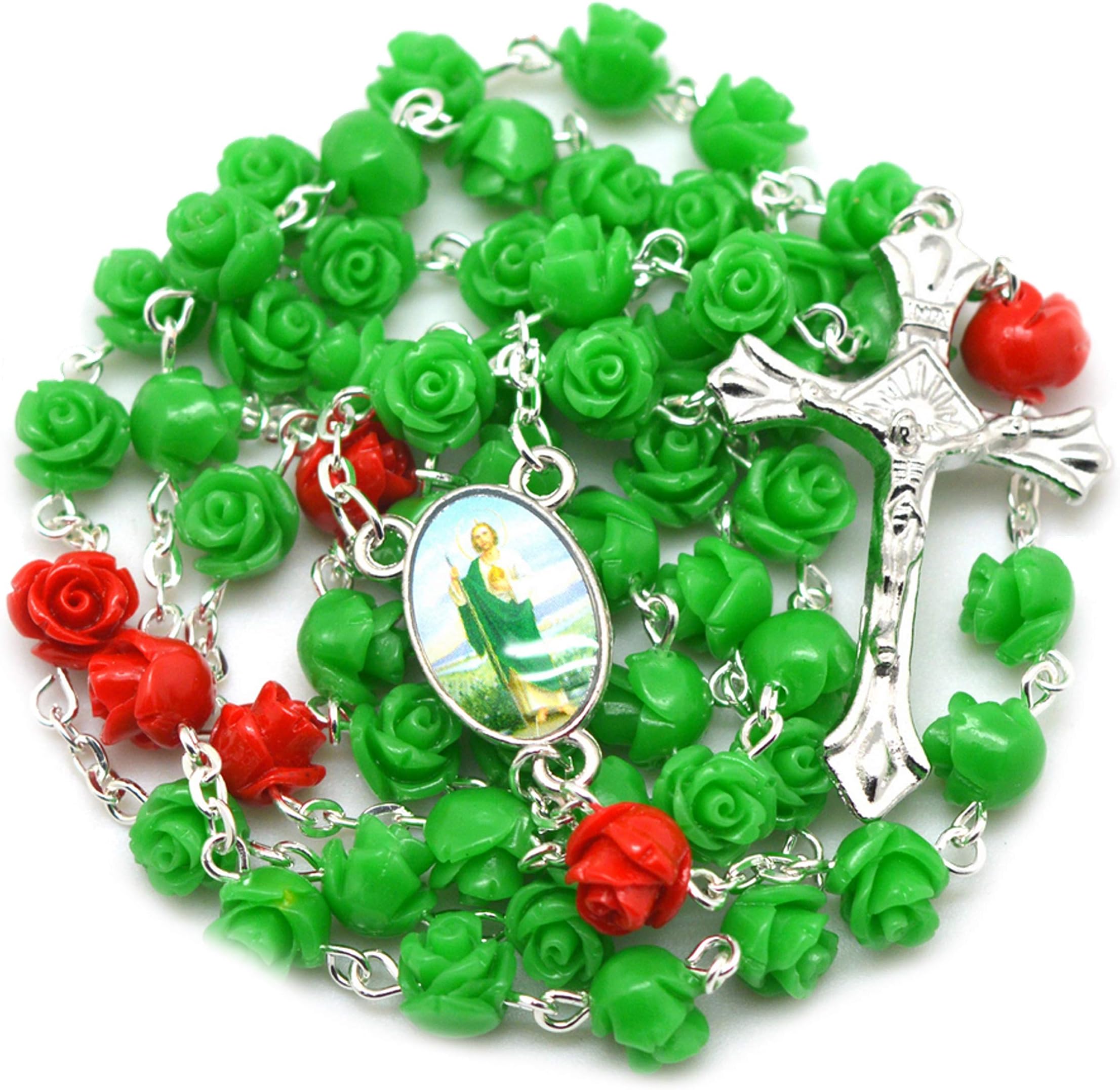 CROSS ROSARY BEADS CATHOLIC - ROSE ROSARY WITH SAINT JUDE CENTER ANTIQUE CRUCIFIX NECKLACE CATHOLIC | GREEN ROSARY NECKLACE FOR MEN | PRAYER BEADS | CORAL BEADS NECKLACES FOR WOMEN