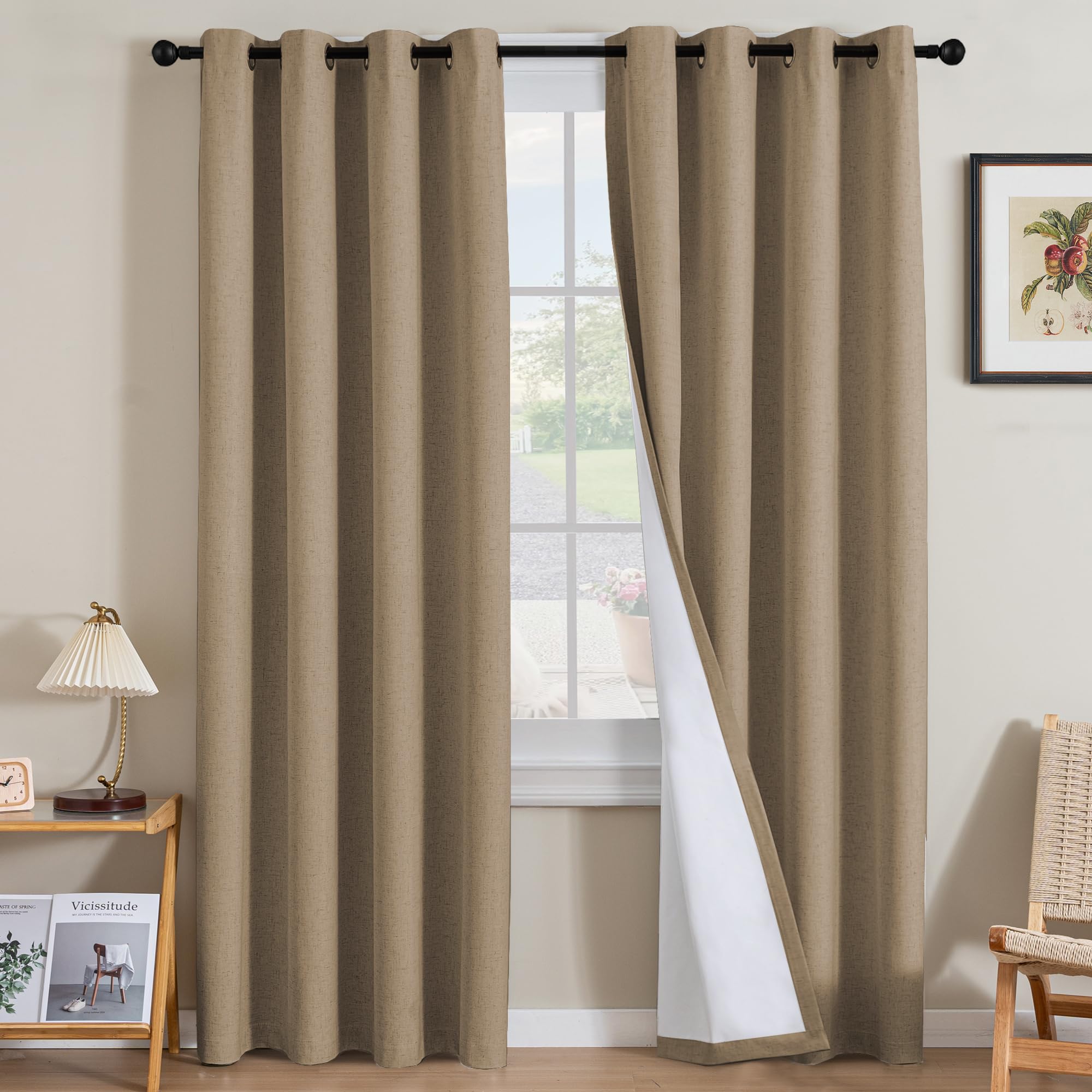 Photo 1 of H.VERSAILTEX Linen Curtains 100% Blackout Curtains for Bedroom 108 inch Long Full Light Blocking Nature Linen Blended Window Curtains for Living Room Nickel Grommet (2 Panels, Heathered Macchiato)