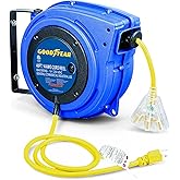 GOODYEAR Extension Cord Reel Extra Long 40 ft 14AWG 3C SJTOW, Triple Tap Connector, Heavy Duty, Slow Retraction Stop At Any Point