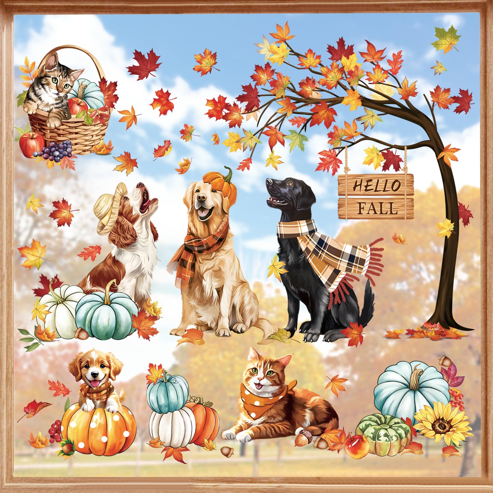 decalmile Hello Fall Thanksgiving Pumpkin Window Clings Dog Cat Autumn Maple Leaves Double Sided Window Decals Anti-Collision Window Stickers