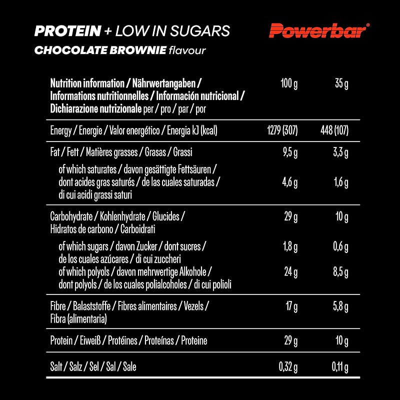 - Protein Plus - Low Sugar - Chocolate-Brownie - 30x35g - Riegel mit nur 107 Kcal - Fitnessriegel mit Ballaststoffen