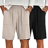 Riyiper 2 Pack Men's Big and Tall Linen Shorts, Drawstring Casual Shorts with Pockets Elastic Waist Beach Summer Shorts