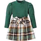 Kucnuzki Toddler Baby Girl Fall Winter Clothes Long Sleeve Ribbed Shirt Top Corduroy Mini Skirt Plaid A-line Dress Outfit