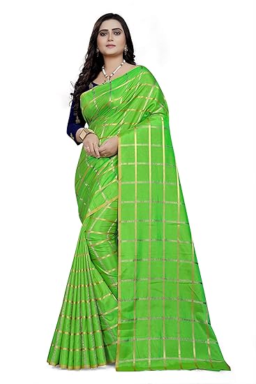 Womens Sana Panetar Silk Golden Chex Saree With Zari Embroidery Work Blouse Piece