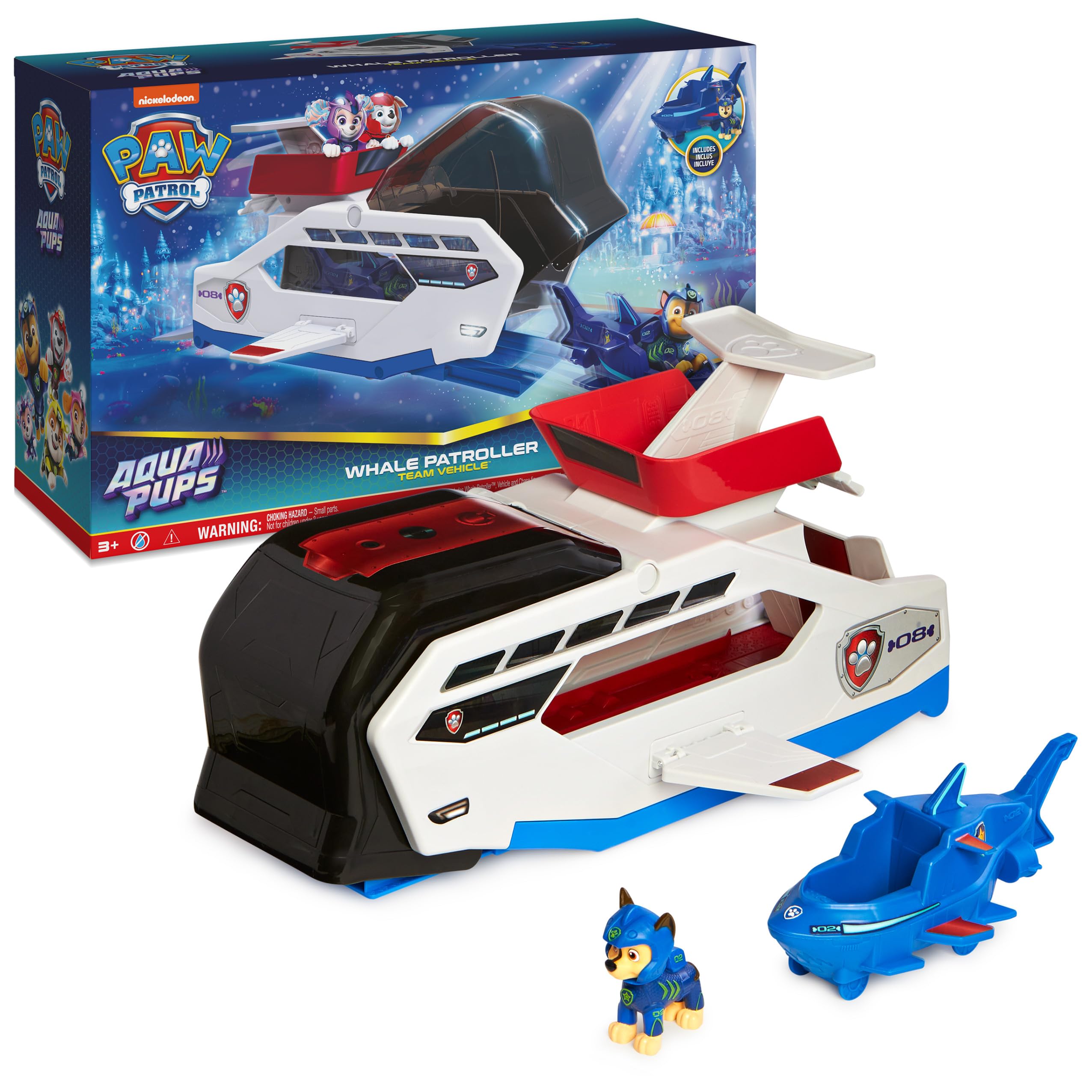 Paw Patrol Aqua Pups Whale Patroller Team Vehicle with Chase Action Figure, Toy Car and Vehicle Launcher, Kids Toys for Ages 3 and up