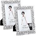 Yookeer 2 Pack 5 x 7 Inch Crystal Picture Frame Wedding Photo Frame Jewel Picture with Rhinestones Photo Gift for Wedding Table Top Desktop Display(Silver)